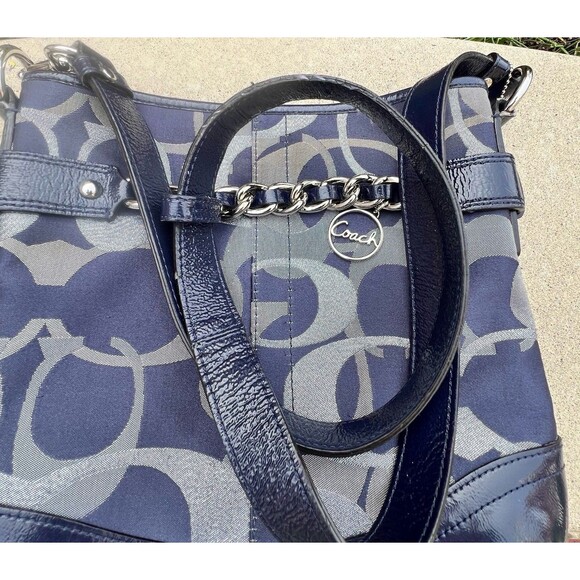 COACH Classic Signature Monogram 19820 Navy Silver Signature Chain Handbag Purse - Picture 2 of 10